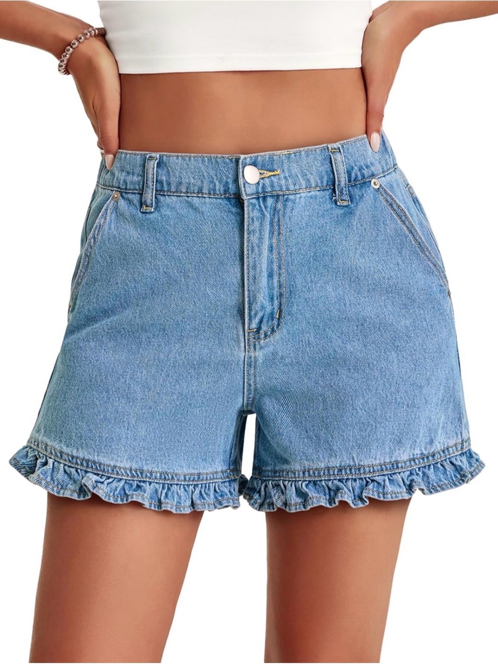 Light Blue Denim Ruffled Hem Women's Shorts